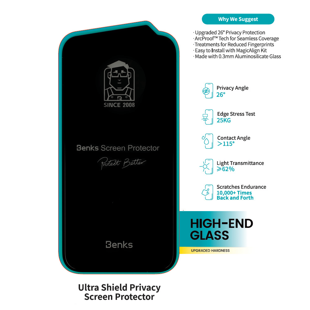 Benks Tempered Glass Ultra Shield Privacy Glass za iPhone 16 Pro Max / 17 Pro Max