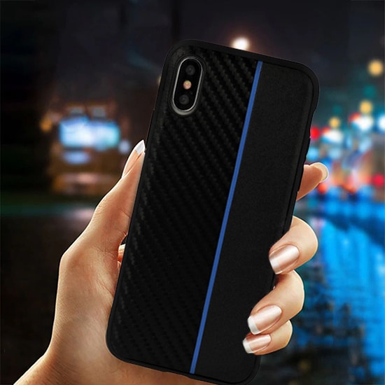 MOTO KARBONOVÉ POUZDRO PRO SAMSUNG GALAXY A6 2018 ČERNÉ S MODRÝM PÁSKEM