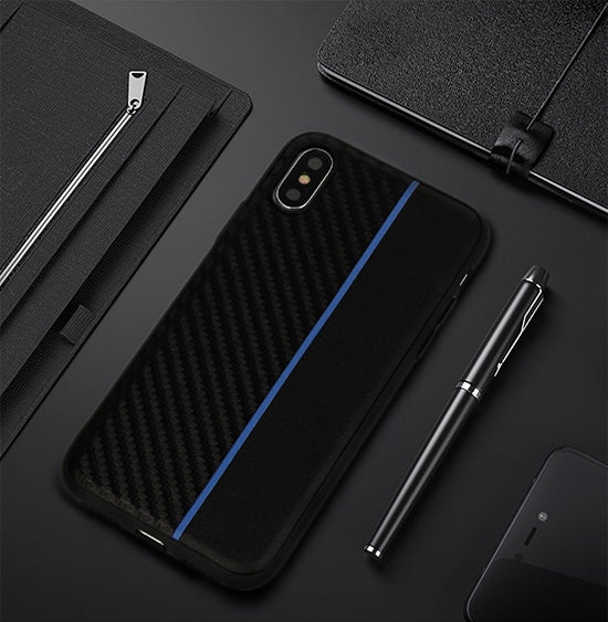 MOTO KARBONOVÉ POUZDRO PRO SAMSUNG GALAXY A6 2018 ČERNÉ S MODRÝM PÁSKEM