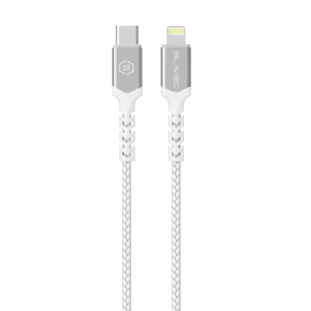 BLAVEC RAPTOR OPLETENÝ KABEL – TYPE-C NA LIGHTNING – PD 20W 2.4A 0.50 m bílo-stříbrný