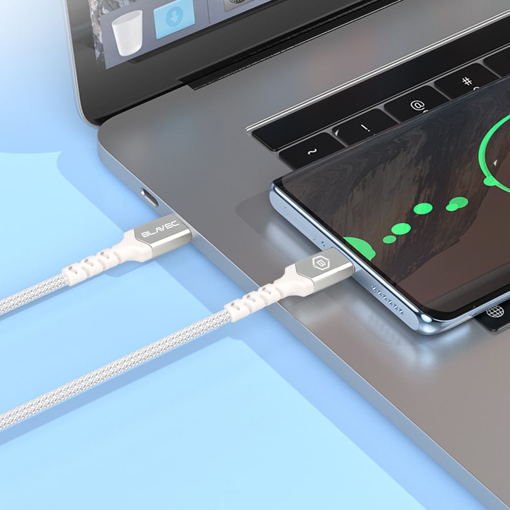 BLAVEC RAPTOR OPLETENÝ KABEL – TYPE-C NA LIGHTNING – PD 20W 2.4A 0.25 m bílo-stříbrný