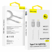 BLAVEC RAPTOR OPLETENI KABEL – TYPE- C NA LIGHTNING – PD 20W 2.4A 0.50 m bijelo-srebrni