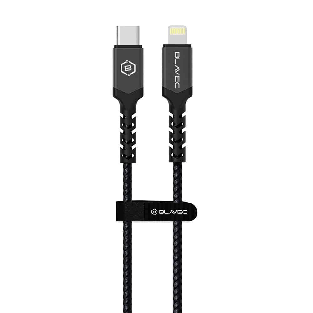 BLAVEC RAPTOR OPLETENÝ KABEL – TYPE- C NA LIGHTNING – PD 20W 2.4A 3m černo-šedý