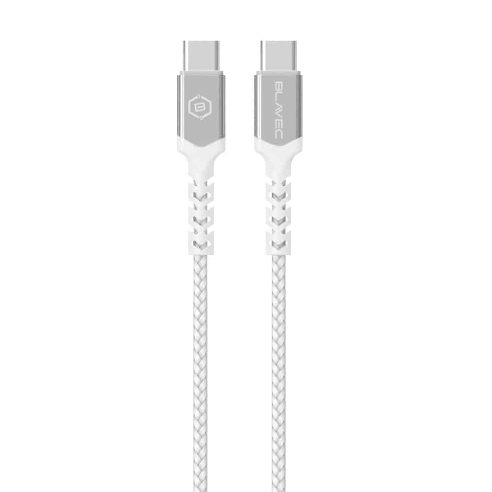 BLAVEC RAPTOR OPLETENÝ KABEL – TYP C NA TYP C – PD 60W 3A 50 cm – bílo-stříbrný