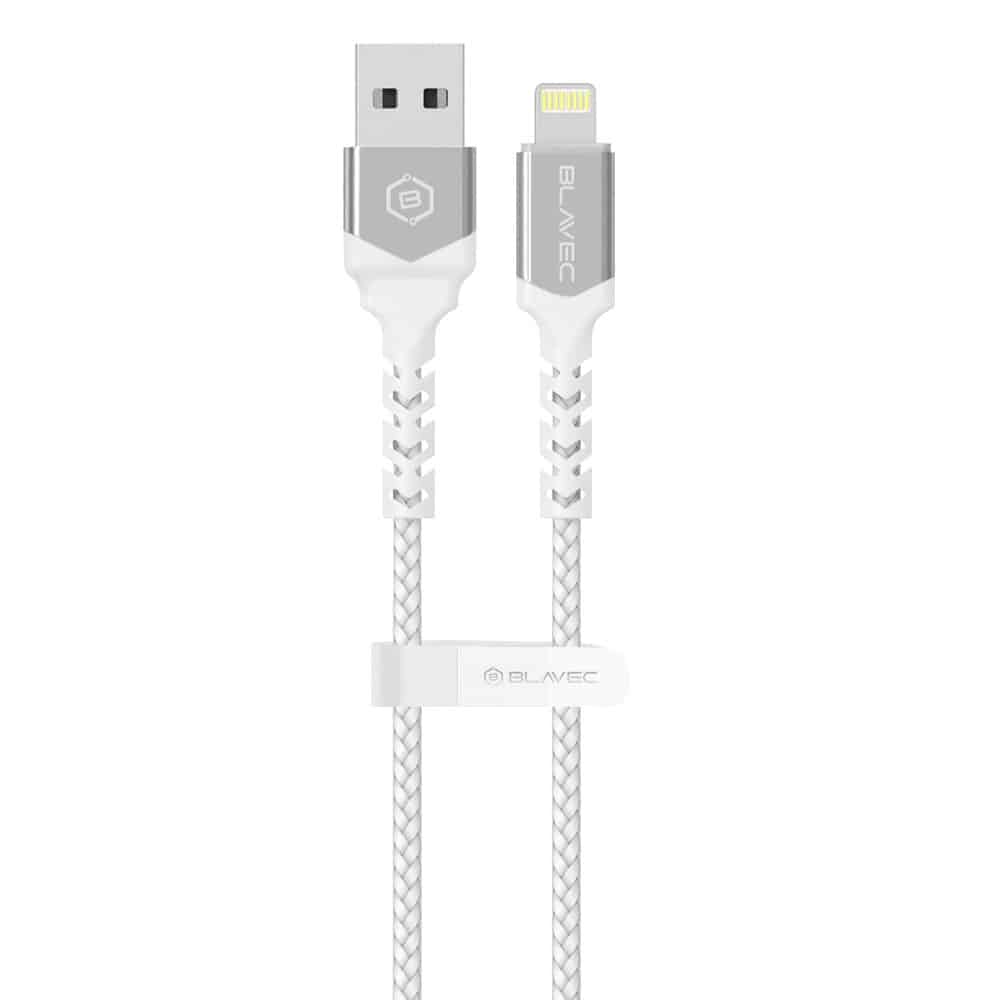 BLAVEC RAPTOR OPLETENÝ KABEL - USB NA LIGHTNING - 2A 3 METRY - bílo-stříbrný