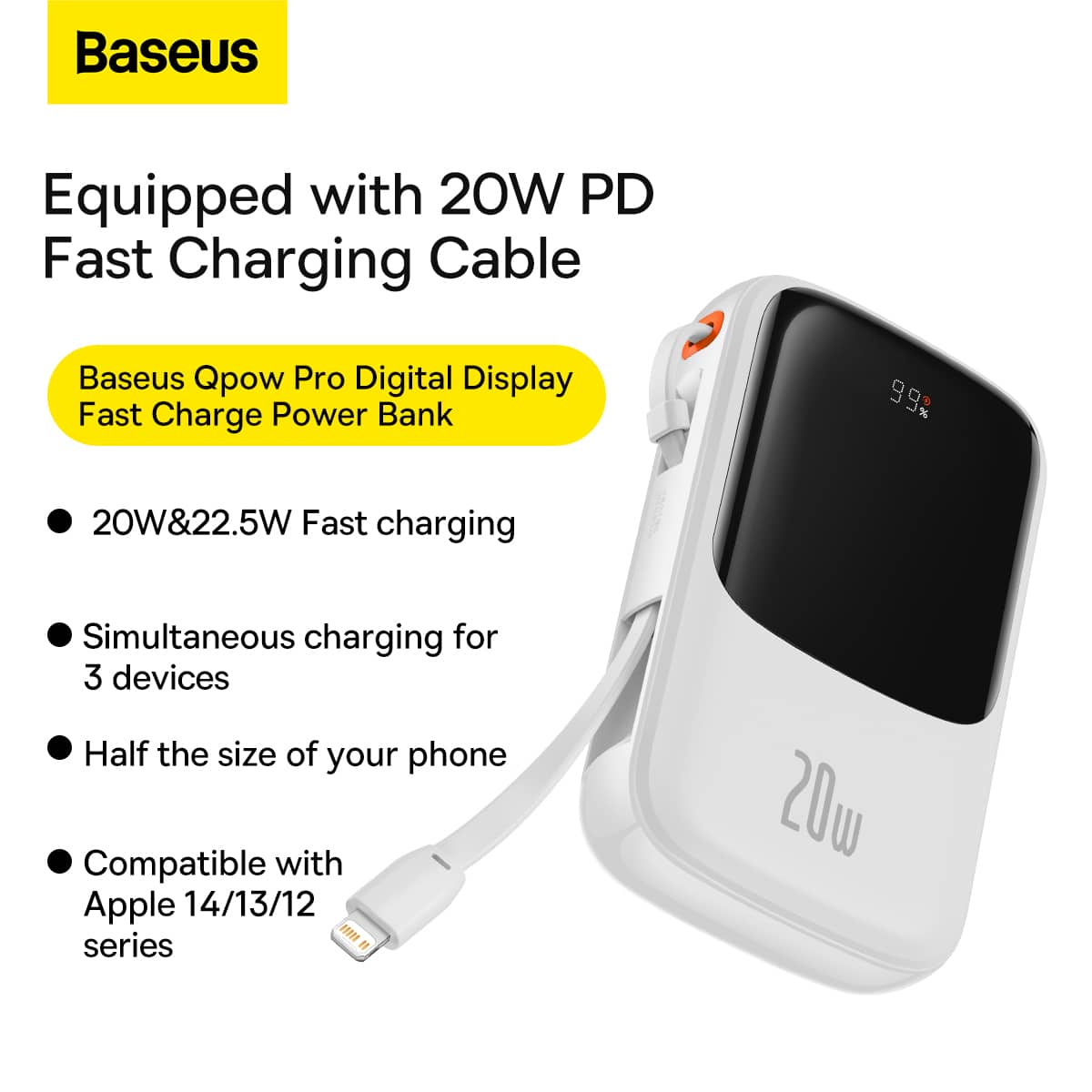 BASEUS POWER BANK 10000MAH QPOW PRO - USB + TYPE C - PD 20W S LIGHTNING KABELEM BÍLÝ