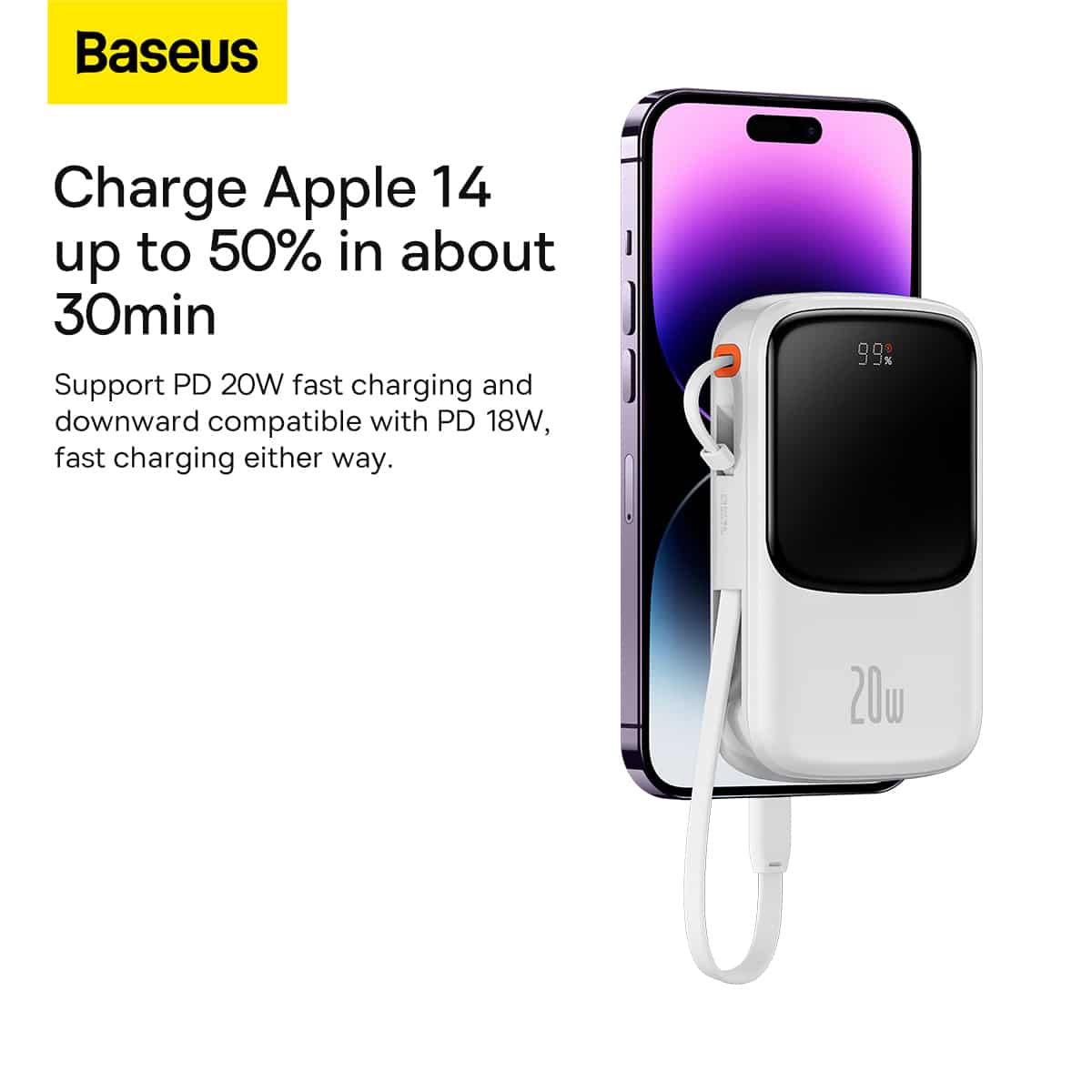 BASEUS POWER BANK 10000MAH QPOW PRO - USB + TYPE C - PD 20W S LIGHTNING KABELEM BÍLÝ