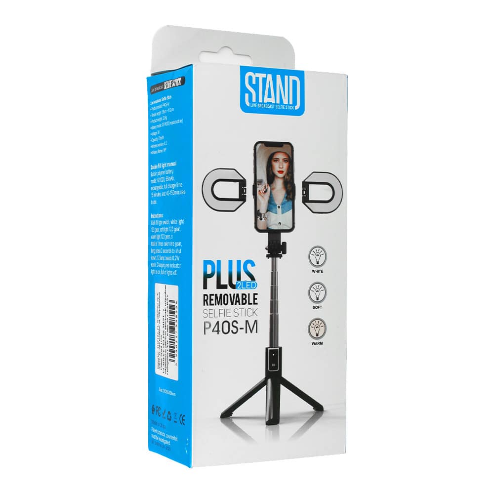 SELFIE TYČ MINI - S ODNÍMATELNÝM BLUETOOTH OVLADAČEM STATIVEM A 2 LED SVĚTLY - P40S-M ČERNÁ