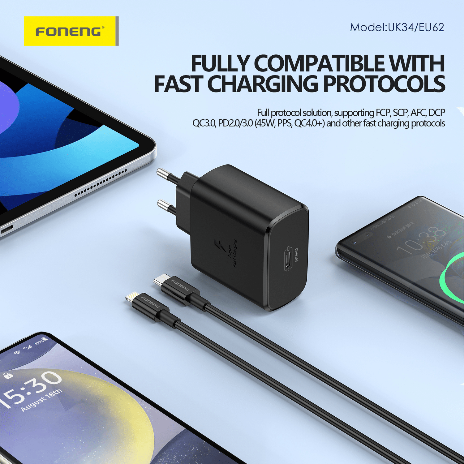 Nástěnná nabíječka Foneng EU62 GaN - Type-C - PD 45 W - černá