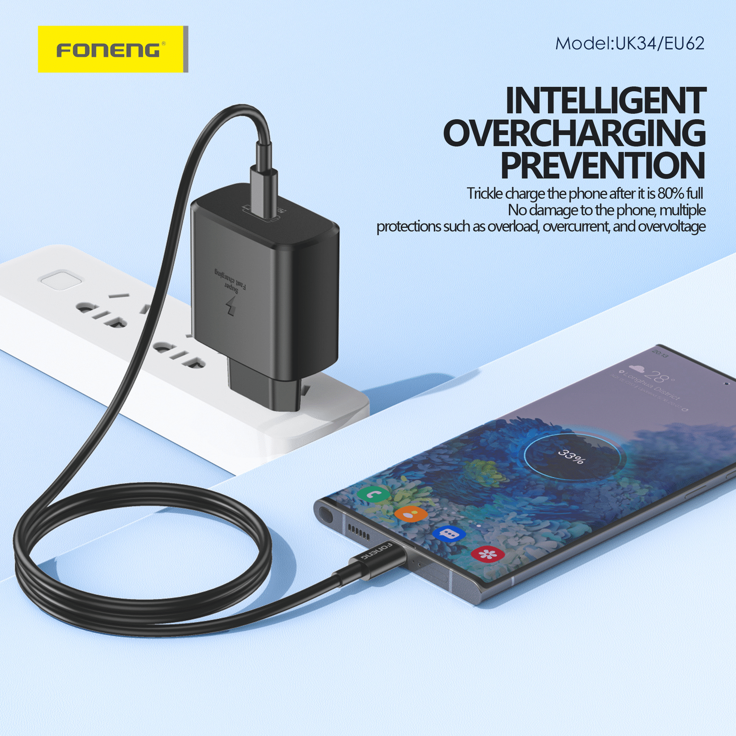Foneng EU62 GaN zidni punjač - Type-C - PD 45 W - crni