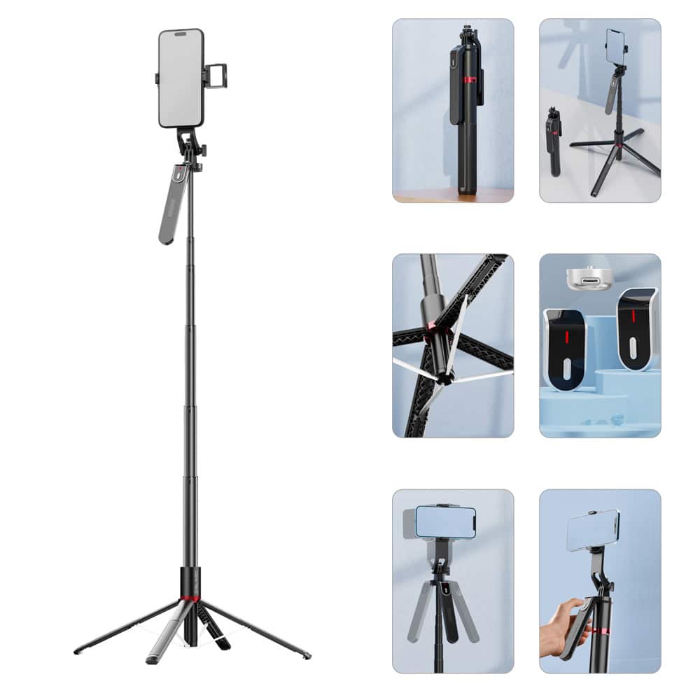 Blavec Selfie tyč Aluminium Fusion P08 stativ + dálkové ovládání + 1 lampa – 220 cm – černá