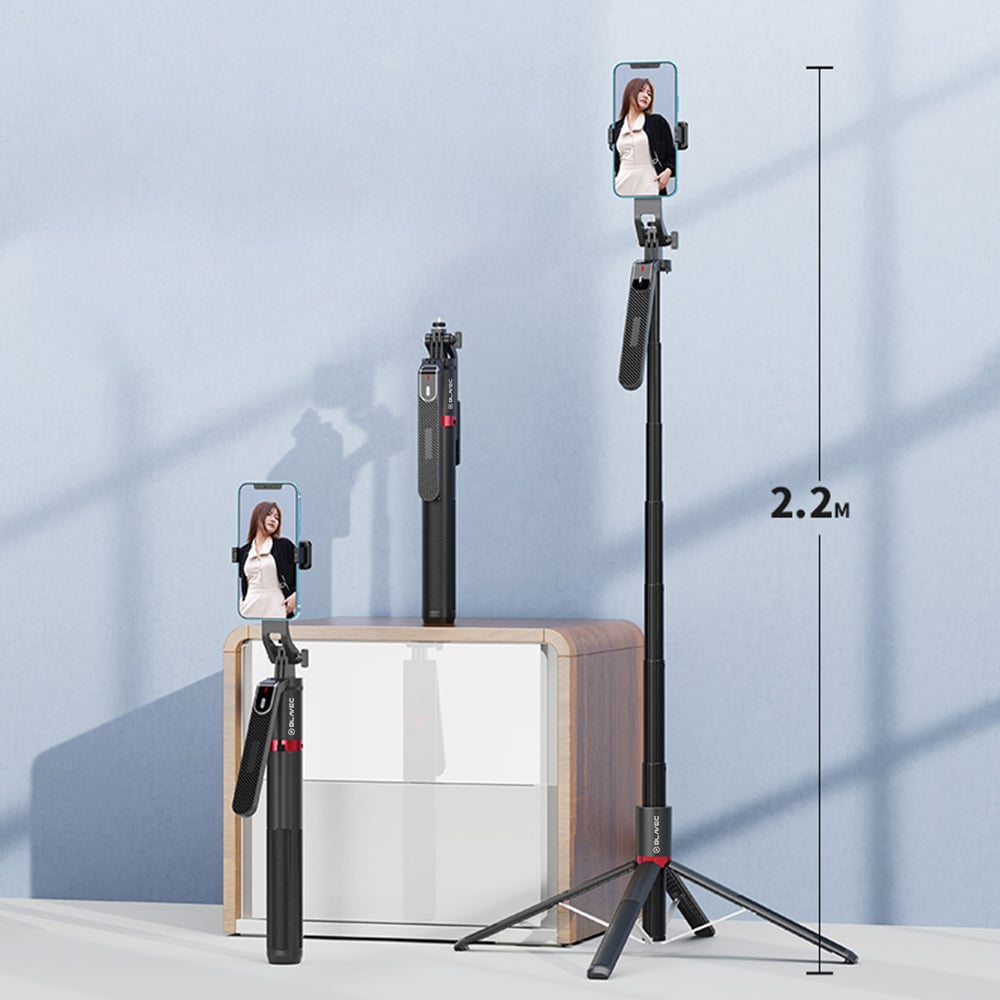 Blavec Selfie tyč Aluminium Fusion P08 stativ + dálkové ovládání + 1 lampa – 220 cm – černá