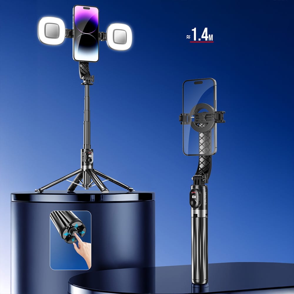 Blavec Selfie tyč Aluminium Fusion P07 Magsafe stativ + dálkové ovládání + 2 lampy 140 cm černá