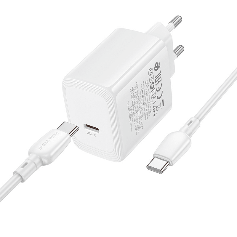 Zidni punjač s kabelom Type-C na Type-C Borofone Fuente GaN Type-C QC3.0 PD 40W bijeli