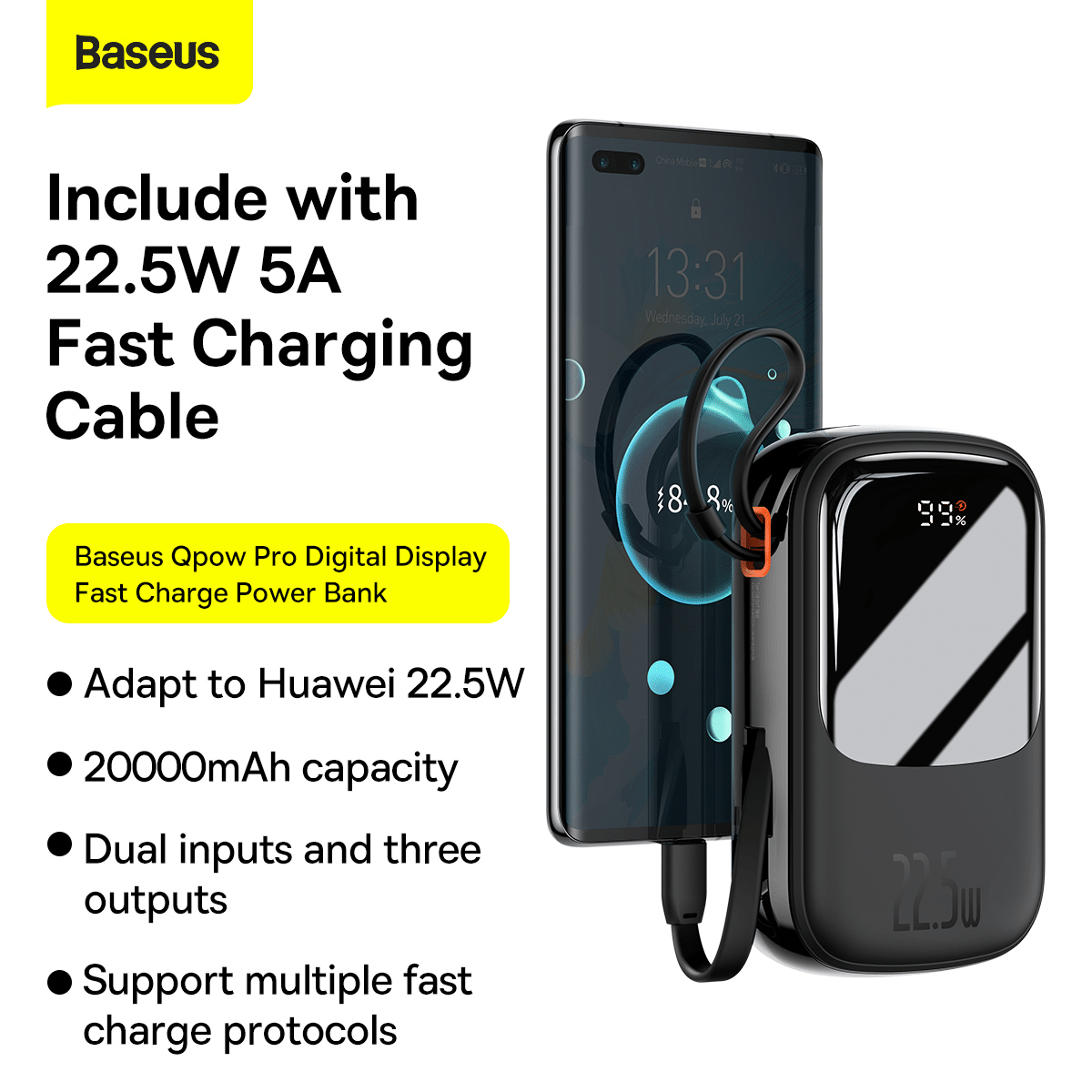 Baseus Power Bank 20000mAh Qpow Pro - USB + Type C - PD 22,5W s kabelem Type C (PPQD060301) černá