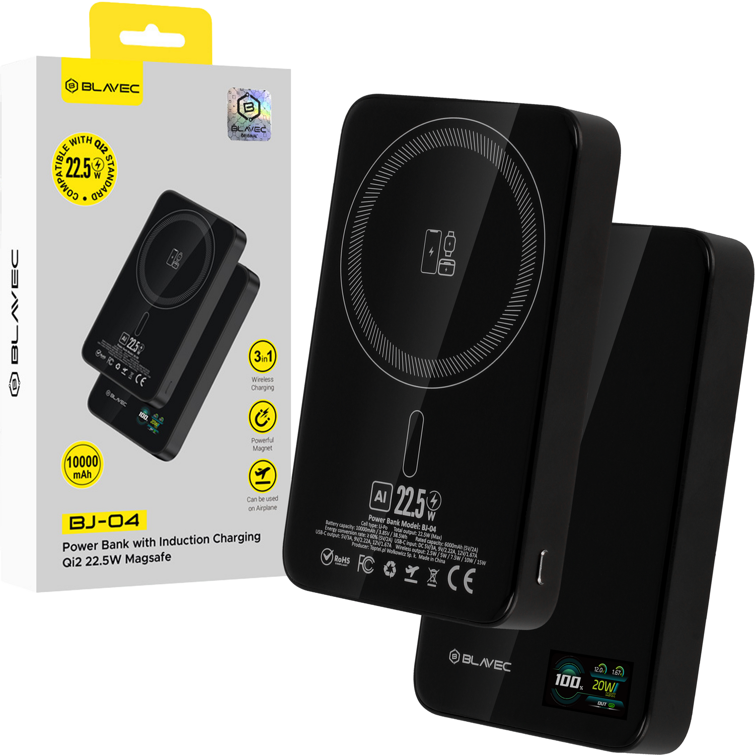 Powerbank Blavec 10000mAh BJ-04 Slim Type-C Magsafe 3v1 - černé sklo