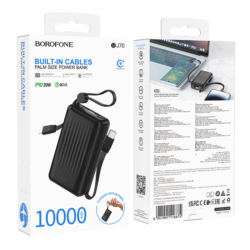 Borofone Powerbank 10000mAh BJ70 Source - Type C - PD 20W s Type C a Lightning kabely, černý