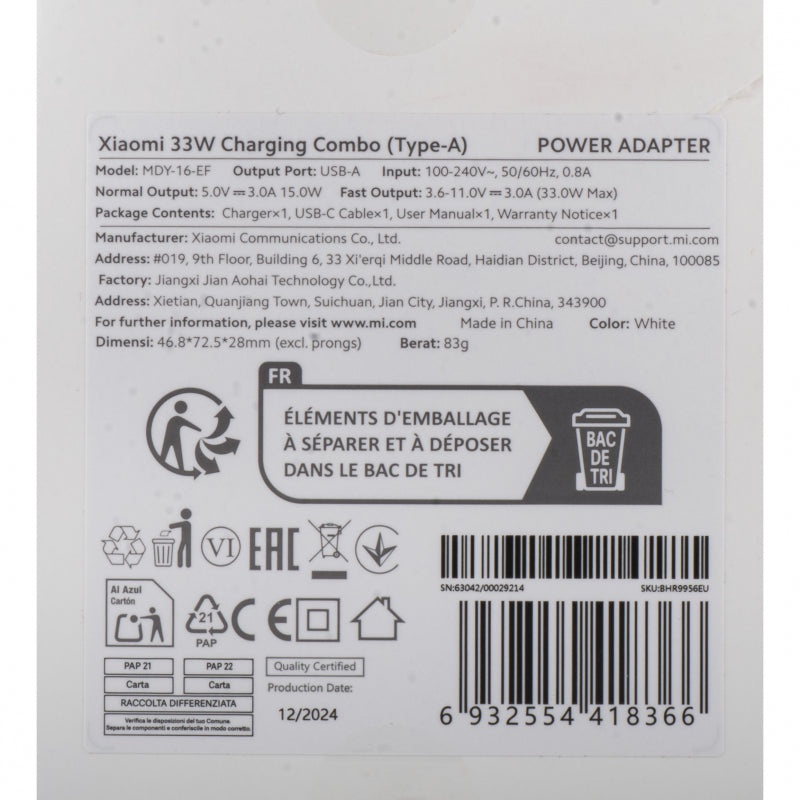 Nástěnná nabíječka Xiaomi 33W 3A 1 x USB-A s kabelem USB-C Bílá BHR9956EU
